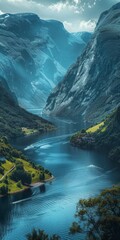 Mountain river, natural landscape, 3d, background image for mobile phone, ios, Android, banner for instagram stories, vertical wallpaper - obrazy, fototapety, plakaty