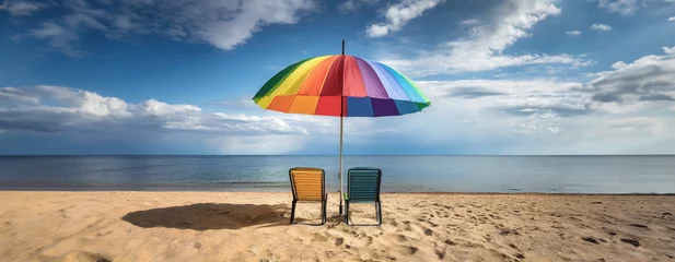 Foto op Canvas 美しい海の砂浜にカラフルなビーチパラソルと椅子｜パノラマ風景 © sima-box