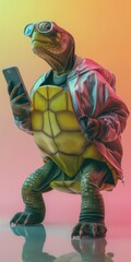 A giant turtle, an animal with a phone and in modern clothes. Anthropomorphic concept, 3d, background image for mobile phone, ios Android, banner for instagram stories vertical wallpaper