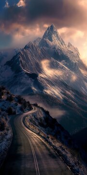 Mountain road, natural landscape, 3d, background image for mobile phone, ios, Android, banner for instagram stories, vertical wallpaper