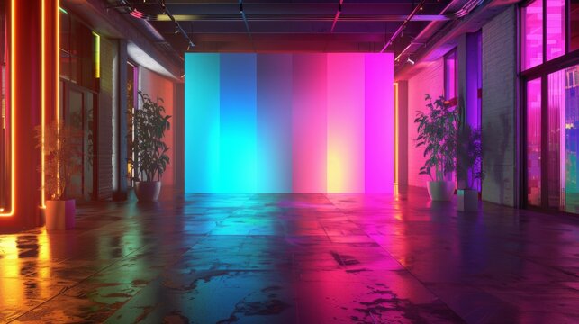 Full shot of a modern, virtual TV show background, ideal for artistic tv shows, tech infomercials or launch events. 3D rendering backdrop suitable on VR tracking system stage sets, with green screen