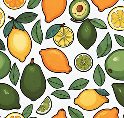 Obraz premium vector illustration, seamless pattern with avocado, tropical citrus and ice, background for smartphone, print, design,