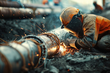 industrial worker welding metal pipe - obrazy, fototapety, plakaty