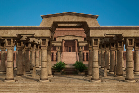 Ancient Egyptian palace buildings with stone columns and ornamental pond.. 3D render.
