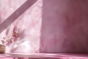 Minimalist pink interior with vase and sunlight. 3D rendered 