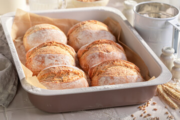 Homemade and healthy rolls freshly baked in home bakery. - 766311276