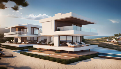 Fototapeta premium Resort located on a flat beach 50 meters from the sea. The terrain is flat, construction of 2-5-storey residential cottages, villas and landscape design,