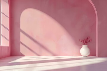 Minimalist pink interior with vase and sunlight. 3D rendering