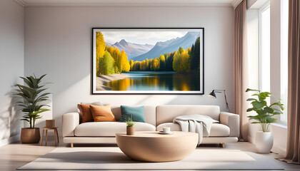 stylish modern room interior with large window and nature view, poster mockup with white frame on interior wall background, comfortable place to relax at home,