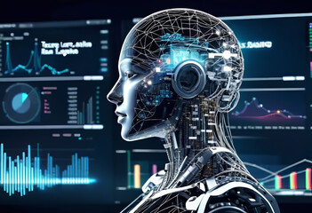 A data analyst analyzes and visualizes a complex information network using artificial intelligence. Machine learning algorithm for business analytics and finance, Big data analytics using artificial i