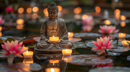 A serene Buddha statue illuminated by candlelight with floating lotus flowers in the foreground,ai - obrazy, fototapety, plakaty