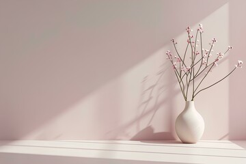 Minimalist pink interior with vase and sunlight. 3D rendering