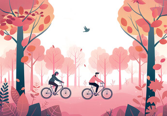 A couple riding bicycles in the park, flat design with pastel colors and simple shapes, minimalistic style