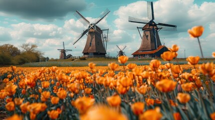 Majestic Windmills and Blooming Tulips in the Netherlands - obrazy, fototapety, plakaty