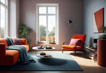 Fototapeta premium Interior of a bright living room with a terracotta armchair with a blanket thrown over it, a coffee table and a large window, modern light minimalist interior design,