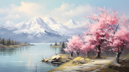 A gentle breeze causing the blossoms to sway as the Alps proudly display their grandeur, creating a symphony of colors and textures in the spring air