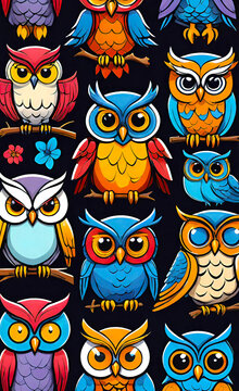 set of web icons of funny little owls, vector illustration, seamless pattern for design and print, smartphone background,