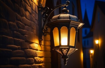 ornate street glowing lamp on textured stone wall at late evening, blurred tower and building in background. concept: vintage street lamps, nighttime aesthetic, architectural lighting, night ambiance