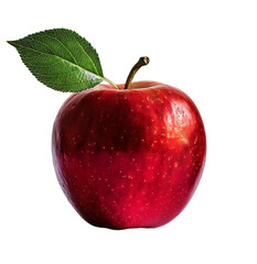 A vibrant red apple with a green leaf, isolated on a white background