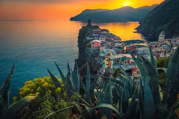 Tuinposter Amazing Vernazza village on the cliffs at sunset, Liguria, Italy © janoka82