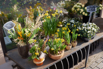 Beautiful spring flowers in front of flower shop on a spring day. Easter floral arrangements. - 766312264