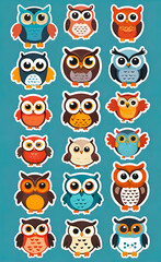Fototapeta premium set of web icons of funny little owls, vector illustration, seamless pattern for design and print, smartphone background,