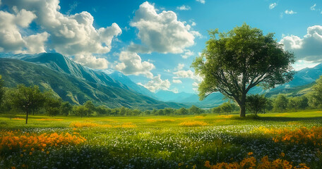 Idyllic pastoral landscapes background illustration. Image generated by AI