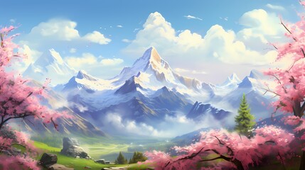 A gentle breeze causing the blossoms to sway as the Alps proudly display their grandeur, creating a...