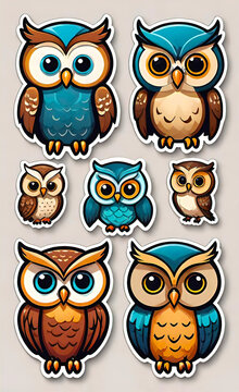 set of web icons of funny little owls, vector illustration, seamless pattern for design and print, smartphone background,