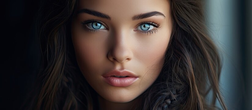 Captured in a tight frame, a lady with striking blue eyes and flowing long hair is the focal point of the image