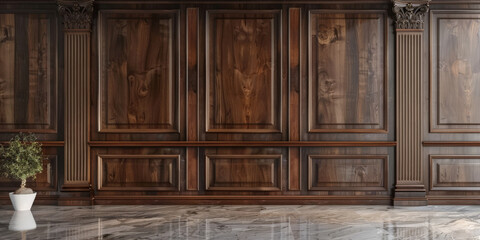 empty room with brown natural wood wall panels background with ceramic floor,Luxury wood paneling background or texture. highly crafted classic or traditional wood paneling, with a frame pattern - obrazy, fototapety, plakaty