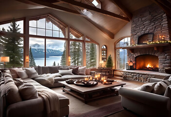 Fototapeta premium cozy interior of the room with a fireplace and sofa, a large window overlooking the snow-capped mountains and lake, a romantic atmosphere for rest and relaxation,