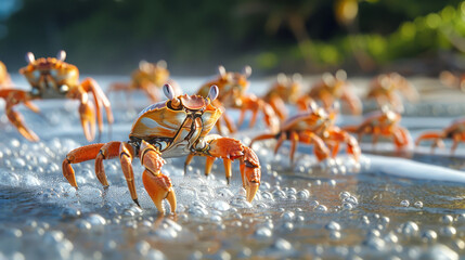 Crabs on a wet sandy beach with bubbles around. The crabs appear to be in motion, positioned at different angles on the surface. - obrazy, fototapety, plakaty