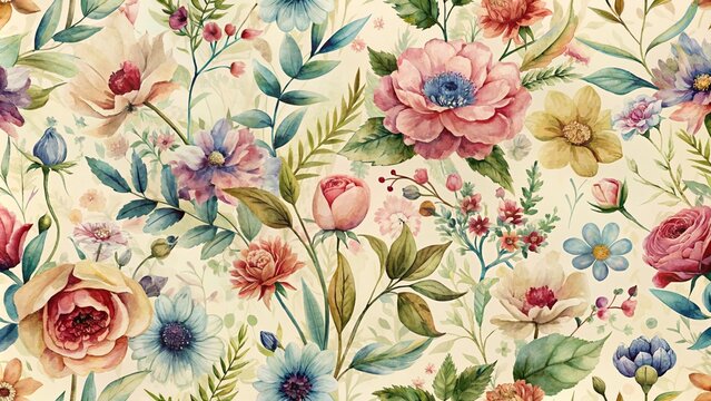 Watercolor floral seamless pattern in vintage rustic style, colored garden illustration on ivory background, hand painting print with abstract flowers, leaves and plants, design texture.