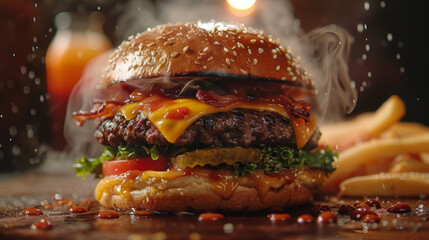 Close-up of a juicy cheeseburger with steam rising, cheddar cheese melting over a beef patty, crispy bacon, lettuce, tomatoes, pickles, and sesame bun - obrazy, fototapety, plakaty
