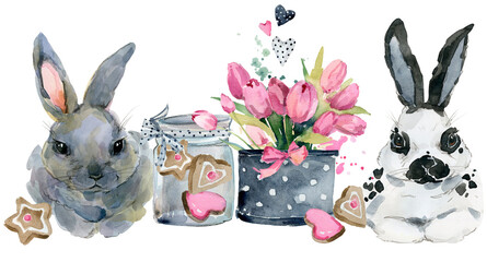 Cute watercolor baby bunny with flowers bouquet. Hand-drawn watercolor portrait of a rabbit bunny with a bouquet of flowers - 766313075