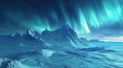 A breathtaking vista of an icy landscape under a night sky illuminated by the aurora borealis. The scene is dominated by rugged, snow-covered mountains and the serene beauty of the polar lights.