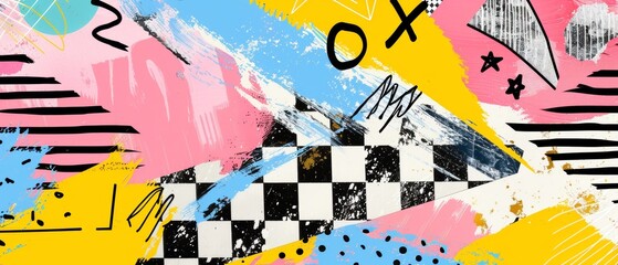 Punks - 00s geometric symbols in checkered distorted background. Modern illustration.