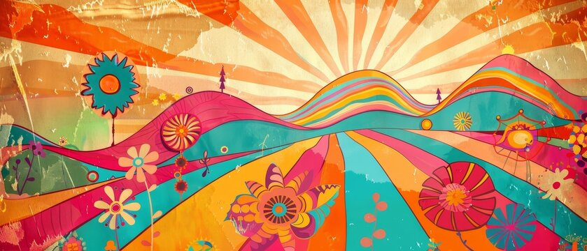 Vintage hippie psychedelic landscape square poster with wavy river, trees, and flowers in a trippy 70s style. Modern contour illustration.