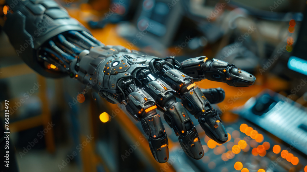 Poster a detailed robotic hand equipped with intricate mechanical parts and sensors, poised above a control