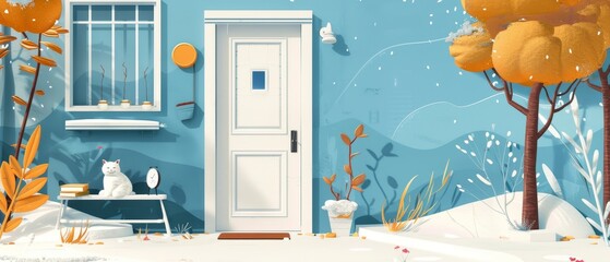 An open white door leads to a winter evening landscape. Cloudy view with snowy trees and a house. A door mat, a table with shelves, and two sleepy cats and dogs accompany the blue room. Cartoon - obrazy, fototapety, plakaty