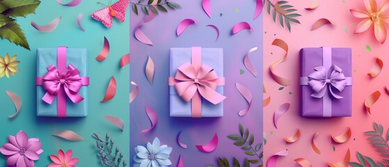 Various colorful perspectives gift boxes. Beautiful box with overwhelming bow. Christmas gift box. Beautiful wrapped gift boxes. Modern flat volume cartoon illustration. - obrazy, fototapety, plakaty