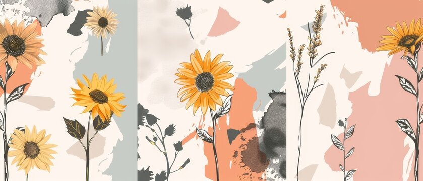 Modern drawing set of sunflower seeds and flowers. Isolated illustration of food ingredients. Ideal for oil packaging design, banners, posters, print design, wedding cards, and more.