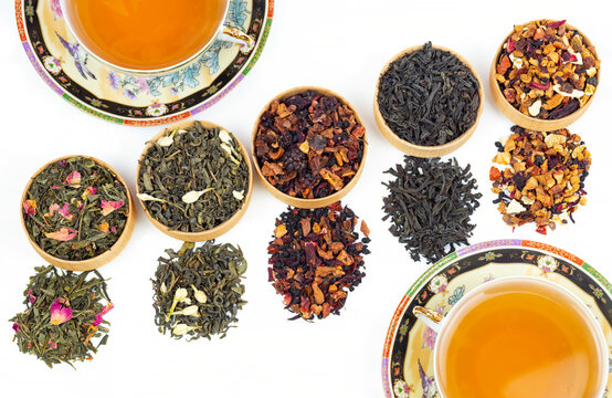 different types of tea on a white background. a kind of delicious fruit tea.