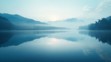 A tranquil landscape capturing the serene beauty of a misty lake at dawn with gentle reflections on the water surface and silhouettes of hills against the soft morning light.