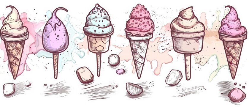 A set of hand drawn icons for ice cream. Dessert food. Flat art depicting various types of ice cream in a waffle cup and a popsicle. Modern illustration isolated on white.