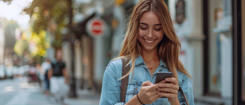 A young woman in a casual denim jacket smiles while looking at her smartphone, standing on a city street with blurry background of urban life.
