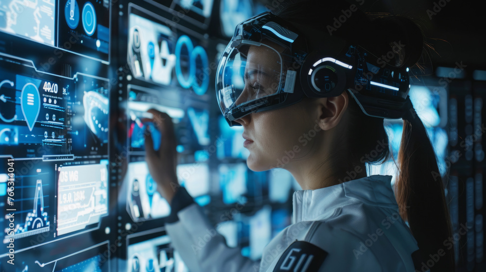 Poster a professional in a futuristic headset analyzes data on transparent digital screens, interacting wit