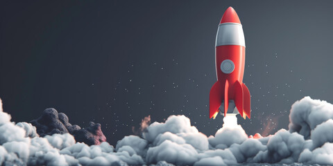 Launching Space Rocket with smoke, red rocket taking off,banner