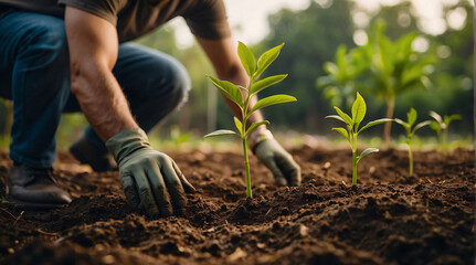 men are planting trees and watering them to help increase oxygen in the air and reduce global warming, Save world save life and Plant a tree - obrazy, fototapety, plakaty